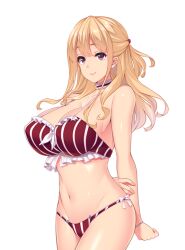 Rule 34 | 1girl, :&gt;, arms behind back, bare shoulders, bikini, blonde hair, breasts, choker, cleavage, closed mouth, cowboy shot, eyebrows hidden by hair, female focus, game cg, groin, hair between eyes, large breasts, legs, long hair, looking at viewer, navel, nonomiya ayaka, original, red eyes, shiokonbu, sister lesson, smile, solo, standing, swimsuit, tachi-e, thighs, transparent background