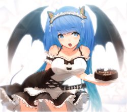 Rule 34 | 1girl, apron, ariinine, blue eyes, blue hair, blush, breasts, bug, butterfly, cake, cleavage, english text, female focus, food, headdress, heart, highres, bug, long hair, maid, maid apron, matching hair/eyes, medium breasts, original, ribbon, solo, sword, tail, weapon, wings