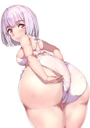 Rule 34 | 10s, 1girl, adjusting clothes, adjusting swimsuit, ass, bare shoulders, bikini, blush, breasts, from behind, from below, gridman universe, highres, hip focus, huge ass, large breasts, looking at viewer, looking back, purple eyes, purple hair, shinjou akane, shiny clothes, shiny skin, short hair, sideboob, sikijou77o, simple background, smile, solo, ssss.gridman, swimsuit, thick thighs, thighs, white background, wide hips