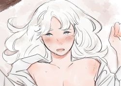 Rule 34 | 1girl, blush, breasts, cleavage, collarbone, grey eyes, long hair, lying, milfcookiesimp, on back, on bed, open clothes, open mouth, open shirt, orgasm, original, portrait, sketch, sweat, upper body, white hair