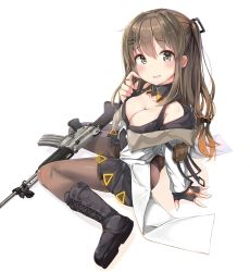 Rule 34 | 1girl, arm strap, arm support, ass, assault rifle, bad id, bad twitter id, bare shoulders, black footwear, black panties, black skirt, blush, boots, breasts, brown eyes, brown hair, brown pantyhose, cleavage, collar, collarbone, daewoo k2, embarrassed, fingerless gloves, frown, girls&#039; frontline, gloves, gun, hair between eyes, hair ornament, hairclip, highres, jacket, k2 (girls&#039; frontline), knee boots, long hair, looking at viewer, medium breasts, miniskirt, navel, off shoulder, one side up, open clothes, open mouth, open skirt, panties, pantyhose, pleated skirt, pouch, rifle, scratching cheek, seeumai, shiny skin, sidelocks, simple background, sitting, skirt, smile, solo, thighband pantyhose, underwear, wariza, weapon, white background