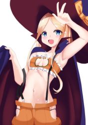 Rule 34 | 1girl, abigail williams (fate), bandeau, black bow, blonde hair, blue cape, blue eyes, blue hat, blush, bow, breasts, cape, fate/grand order, fate (series), forehead, hair bow, halloween costume, hat, highres, hip vent, long hair, looking at viewer, multicolored cape, multicolored clothes, multiple bows, navel, open mouth, orange bow, orange pants, pants, parted bangs, popped collar, red cape, shinonome halltro, sidelocks, simple background, small breasts, smile, suspenders, white background, witch hat