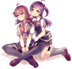 Rule 34 | 10s, 2girls, ahoge, arashi (kancolle), bad id, bad pixiv id, between legs, blush, cis (carcharias), commentary request, gloves, hagikaze (kancolle), hair between eyes, hand between legs, hand on another&#039;s back, hand on own chest, indian style, kantai collection, kneeling, long hair, looking at viewer, looking to the side, messy hair, multiple girls, neckerchief, open clothes, open mouth, open vest, pleated skirt, purple eyes, purple hair, red hair, ribbon, school uniform, shirt, shoes, short hair, short sleeves, side ponytail, sidelocks, sitting, skirt, smile, socks, thighhighs, twitter username, v arms, vest, white shirt, yellow eyes