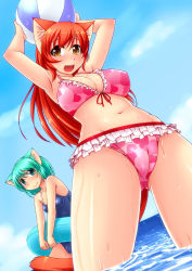 Rule 34 | 2girls, animal ears, aqua eyes, aqua hair, armpits, arms up, ball, beachball, bikini, breasts, brown eyes, cameltoe, cat ears, cat tail, cleavage, cleft of venus, fang, fat mons, frilled bikini, frills, from below, front-tie top, highres, innertube, large breasts, long hair, looking at viewer, multiple girls, navel, nokoppa, one-piece swimsuit, open mouth, original, red hair, school swimsuit, short hair, small breasts, smile, swim ring, swimsuit, tail, wading, water, wet