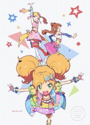 3girls :d :o aikatsu!_(series) aikatsu_stars! arm_up armpits asymmetrical_footwear bare_shoulders blonde_hair blue_sleeves boots bow brown_hair clenched_hand copyright_notice cropped_shirt detached_sleeves dot_nose fingerless_gloves floating_hair fluffy_hair from_above from_side gloves gradient_hair green_eyes hair_bow highres jacket long_hair looking_ahead looking_at_viewer looking_to_the_side medium_skirt midriff multicolored_clothes multicolored_hair multiple_girls nijino_yume nikaido_yuzu open_clothes open_hand open_jacket open_mouth orange_eyes outstretched_arm outstretched_arms pink_hair pink_shirt pink_skirt polka_dot polka_dot_background red_footwear rii_(mrhc7482) saotome_ako shirt short_sleeves sideways_mouth skirt sleeveless sleeveless_shirt smile solo_focus spread_arms spread_fingers standing standing_on_one_leg star_(symbol) thigh_boots thighhighs twintails twitter_username two-tone_hair v-shaped_eyebrows watermark white_background white_footwear white_shirt white_thighhighs