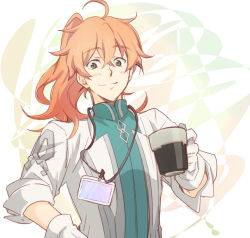 Rule 34 | 1boy, abstract background, ahoge, blush, chaldea uniform, cup, fate/grand order, fate (series), gloves, green eyes, hand up, high collar, highres, holding, holding cup, id card, lab coat, looking at viewer, male focus, messy hair, orange hair, ponytail, romani archaman, sketch, smile, solo, upper body, white background, white gloves, wing collar, yuki 1217k