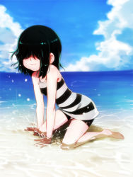 Rule 34 | 1girl, arm support, bare shoulders, barefoot, beach, black hair, blush, cloud, day, full body, hair over eyes, highres, jcm2, kneeling, leaning forward, long hair, lucy loud, ocean, one-piece swimsuit, outdoors, partially submerged, sky, smile, solo, striped clothes, striped one-piece swimsuit, swimsuit, the loud house