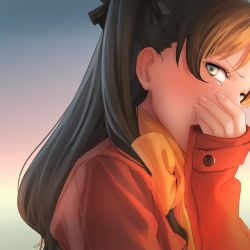 Rule 34 | 1girl, amino (tn7135), bad id, bad pixiv id, black hair, blush, coat, covering own mouth, fate/stay night, fate (series), from side, gradient background, hair ribbon, hand on own face, head out of frame, long hair, long sleeves, looking to the side, outdoors, ribbon, scarf, sky, solo, tohsaka rin, two side up, upper body