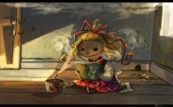 Rule 34 | 1girl, blonde hair, book, commentary, death, koto inari, medicine melancholy, mouse (animal), open book, poison, reading, smile, touhou
