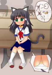 Rule 34 | 1girl, ?, animal ears, arrow (symbol), ass, bell, between legs, black hair, blue sailor collar, blue skirt, blush, bow, bowtie, cat ears, cat tail, chair, collar, collarbone, embarrassed, female focus, flying sweatdrops, from below, green eyes, hair ribbon, hand between legs, have to pee, inatoto, indoors, jingle bell, kneehighs, knees together feet apart, long hair, looking to the side, miniskirt, multiple views, neck bell, nose blush, original, own hands together, panties, paper, pencil, pigeon-toed, pleated skirt, red neckwear, ribbon, sailor collar, shirt, shoes, short sleeves, silhouette, sitting, skirt, socks, tail, tears, thought bubble, trembling, underwear, v arms, white footwear, white panties, white ribbon, white shirt, white socks