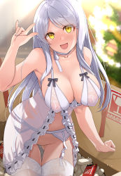 Rule 34 | 1girl, bare arms, bare shoulders, blush, box, breasts, cleavage, collarbone, cowboy shot, eve santaclaus, garter belt, garter straps, highres, idolmaster, idolmaster cinderella girls, large breasts, lingerie, long hair, mk (mod0), open mouth, packing peanuts, parted bangs, smile, solo, styrofoam, thighhighs, thighs, underwear, white hair, white thighhighs, yellow eyes