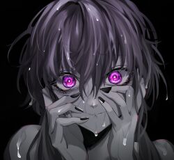 Rule 34 | 1girl, absurdres, black background, black nails, bright pupils, c.parfait, closed mouth, commentary, crazy, eyelashes, furrowed brow, glowing, glowing eyes, hair between eyes, hands on own cheeks, hands on own face, hands up, highres, limited palette, looking at viewer, portrait, purple eyes, purple hair, short hair with long locks, solo, straight-on, vocaloid, voiceroid, wet, wet hair, white pupils, yandere trance, yuzuki yukari