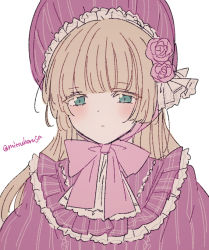 Rule 34 | 1girl, :|, aqua eyes, artist name, blonde hair, blunt bangs, blush, bonnet, bow, closed mouth, colored eyelashes, dress, expressionless, flat color, flower, gosick, harugamitsu, hime cut, lolita fashion, looking at viewer, pink bow, pink dress, pink flower, pink headwear, pink rose, pink theme, plaid, rose, signature, simple background, solo, sweet lolita, upper body, victorica de blois, white background