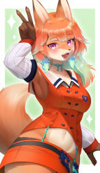 Rule 34 | 1girl, absurdres, animal ear fluff, animal ears, armpits, bow, breasts, detached sleeves, earrings, feather earrings, feathers, fox ears, fox girl, fox tail, furrification, furry, furry female, gradient hair, green bow, green hair, highres, hololive, hololive english, jewelry, long hair, looking at viewer, medium breasts, multicolored hair, navel, open mouth, orange fur, orange hair, orange skirt, orange vest, pawpads, purple eyes, sasayuki (kemonoyou), shirt, skirt, snout, solo, tail, takanashi kiara, takanashi kiara (1st costume), vest, virtual youtuber, white fur