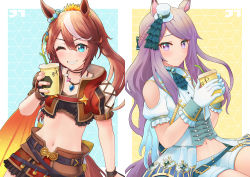 Rule 34 | 2girls, absurdres, animal ears, bandeau, blue eyes, braid, brown hair, clothing cutout, cropped jacket, cup, disposable cup, fingernails, french braid, gloves, half updo, hat, highres, holding, holding cup, horse ears, horse girl, horse tail, jacket, jtleeklm, long hair, looking at viewer, mejiro mcqueen (end of sky) (umamusume), mejiro mcqueen (umamusume), midriff, mini hat, mini top hat, multicolored hair, multiple girls, navel, official alternate costume, ponytail, puffy short sleeves, puffy sleeves, purple eyes, purple hair, red jacket, red skirt, short sleeves, shorts, shoulder cutout, skirt, streaked hair, swept bangs, tail, tokai teio (beyond the horizon) (umamusume), tokai teio (umamusume), top hat, two-tone hair, umamusume, white gloves, white hair, white headwear, white shorts, wrist cuffs