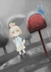 Rule 34 | 1girl, animal crossing, dog, dog girl, dog tail, isabelle (animal crossing), leaf umbrella, mailbox, nintendo, rain, raincoat, samidare (hoshi), solo, tail, tree, watering can, wet, wet clothes