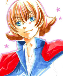 Rule 34 | 1boy, ace attorney, ace attorney investigations, ace attorney investigations 2, ahoge, alternate eye color, blue eyes, brown hair, capcom, colored eyelashes, coltomo, flipped hair, ichiyanagi yumihiko, jacket, jacket on shoulders, male focus, marker (medium), outline, shirt, simple background, smile, solo, star (symbol), traditional media, unbuttoned, white background, white shirt