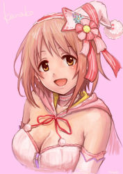 Rule 34 | 10s, 1girl, breasts, brown eyes, brown hair, character name, cleavage, hakobi (8kb), hat, highres, idolmaster, idolmaster cinderella girls, idolmaster cinderella girls starlight stage, looking at viewer, matching hair/eyes, mimura kanako, pink background, short hair, smile, solo, witch hat