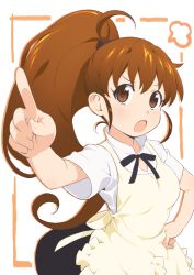 Rule 34 | &gt;:o, 1girl, :o, ahoge, apron, blush, breasts, brown eyes, brown hair, hand on own hip, highres, long hair, open mouth, pocho, pointing, ponytail, simple background, skirt, solo, taneshima popura, v-shaped eyebrows, waitress, working!!