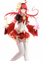 Rule 34 | 00s, 1girl, dungeon and fighter, elementalist (dungeon and fighter), fire, garter straps, highres, long hair, looking at viewer, mage (dungeon and fighter), magic, pointy ears, qingye ling, red eyes, red hair, red skirt, simple background, skirt, smile, solo, thighhighs, white background, white thighhighs