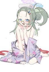 Rule 34 | 1girl, blue archive, blue eyes, blue halo, blush, breasts, glasses, green hair, hair ornament, hairclip, halo, highres, japanese clothes, kimono, large breasts, long hair, long sleeves, meru (blue archive), navel, nemo (leafnight), obi, open mouth, purple kimono, round eyewear, sash, simple background, sketch, smile, solo, towel, towel on head, white background, white towel, wide sleeves