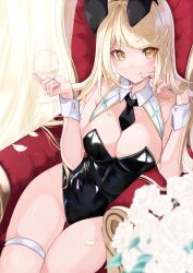 Rule 34 | 1girl, absurdres, animal ears, armchair, black leotard, black necktie, blonde hair, breasts, chair, cleavage, commentary, cowboy shot, cup, drinking glass, fake animal ears, highres, holding, holding cup, large breasts, leotard, looking at viewer, mythra (xenoblade), necktie, playboy bunny, risumi (taka-fallcherryblossom), sitting, solo, swept bangs, thigh gap, thigh strap, wine glass, wrist cuffs, xenoblade chronicles (series), xenoblade chronicles 2, yellow eyes