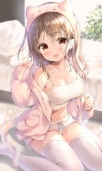 Rule 34 | 1girl, :d, amedamacon, animal ears, bare shoulders, bed, blush, breasts, brown eyes, brown hair, camisole, cat ears, cat tail, cleavage, collarbone, commentary request, crop top, fake animal ears, fang, hair between eyes, hand up, head tilt, highres, hood, hood down, hooded jacket, jacket, long hair, long sleeves, looking at viewer, medium breasts, midriff, navel, no shoes, off shoulder, open clothes, open jacket, open mouth, original, pillow, pink jacket, short shorts, shorts, sitting, sleeves past wrists, smile, solo, tail, thighhighs, wariza, white camisole, white shorts, white thighhighs