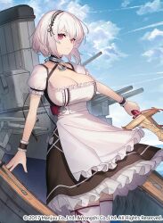 1girl anchor_choker apron azur_lane blue_sky breasts cleavage cloud cloudy_sky dress essual_(layer_world) grey_hair hairband highres holding holding_sword holding_weapon lace-trimmed_hairband lace_trim maid maid_apron official_art outdoors scrunchie short_hair short_sleeves sirius_(azur_lane) sky smile standing sword thighhighs weapon white_apron white_thighhighs wrist_scrunchie