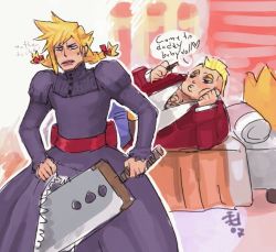 Rule 34 | 1990s (style), 2boys, bed, bedroom, buster sword, cigar, cloud strife, crossdressing, don corneo, dress, final fantasy, final fantasy vii, hard-translated, heart, impending death, indoors, lying, multiple boys, on side, pillow, retro artstyle, sweatdrop, sword, third-party edit, translated, wall market, weapon