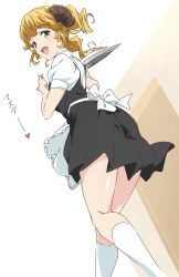 Rule 34 | 1girl, :d, aletta, black skirt, blonde hair, commentary request, from behind, from below, green eyes, highres, holding, holding plate, horns, isekai shokudou, looking at viewer, open mouth, plate, puffy short sleeves, puffy sleeves, short hair, short sleeves, skirt, smile, socks, solo, thighs, umanosuke