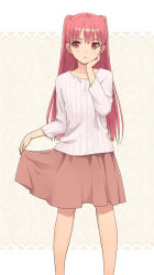 Rule 34 | 1girl, blush, gradient background, long hair, morisawa haruyuki, original, pink eyes, pink hair, skirt, skirt hold, solo, two side up