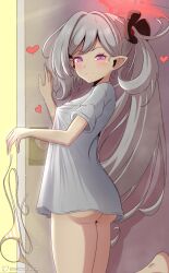 Rule 34 | 1girl, ass, asymmetrical hair, black flower, blue archive, blush, closed mouth, door, flower, foot out of frame, grey hair, halo, heart, highres, indoors, long hair, looking at viewer, mizmillificent, mutsuki (blue archive), oversized clothes, panties, pointy ears, purple eyes, red halo, shirt, side ponytail, signature, simple background, smile, solo, striped clothes, striped panties, thighs, underwear, very long hair