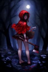 Rule 34 | 1girl, absurdres, axe, bare legs, barefoot, basket, black skirt, blood, blood trail, bloody weapon, bracelet, capelet, commentary, egk513, eyebrows hidden by hair, forest, from behind, full moon, highres, holding, holding axe, holding basket, hood, hood up, hooded capelet, jewelry, kneepits, legs, lips, little red riding hood, little red riding hood (grimm), looking at viewer, looking back, medium hair, moon, nature, night, outdoors, parted lips, red capelet, red eyes, severed hand, skirt, solo, spiked bracelet, spikes, thighs, tree, weapon