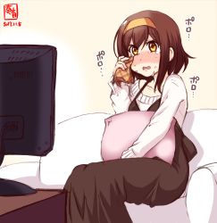 Rule 34 | 1girl, alternate costume, artist logo, beige sweater, brown dress, brown eyes, brown hair, commentary request, couch, crying, crying with eyes open, dated, dress, hairband, handkerchief, highres, kanon (kurogane knights), kantai collection, open mouth, orange hairband, pillow, plaid, shiratsuyu (kancolle), short hair, simple background, sitting, solo, tears, television, watching television, white background