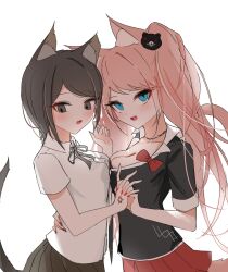 Rule 34 | 2girls, animal ears, arm around waist, bear hair ornament, black bow, black hair, black ribbon, black shirt, blonde hair, blue eyes, blush, bow, bowtie, breast press, breasts, brown skirt, cat ears, cat girl, cat tail, choker, cleavage, collarbone, danganronpa: trigger happy havoc, danganronpa (series), enoshima junko, fang, female focus, fingernails, freckles, grey eyes, hair ornament, hand on another&#039;s back, hand tattoo, hand up, highres, holding hands, ikusaba mukuro, incest, large breasts, looking at viewer, looking down, medium breasts, multiple girls, nail polish, neck ribbon, open mouth, pleated skirt, red bow, red nails, red skirt, ribbon, shirt, short sleeves, siblings, simple background, sisters, skirt, tail, tattoo, teeth, twincest, twins, twintails, white background, white shirt, yuri