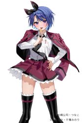 Rule 34 | 1girl, :p, akira (jitsuimo), black footwear, black necktie, blue eyes, blue hair, blush, boots, breast pocket, candy, chigusa minori, collared shirt, commentary request, food, hand on own hip, highres, holding, holding candy, holding food, holding lollipop, jacket, jacket on shoulders, jitsu wa imouto deshita., lollipop, long hair, necktie, pocket, purple jacket, purple skirt, shirt, shirt tucked in, simple background, skirt, solo, standing, thigh boots, thighs, tongue, tongue out, white background, white shirt