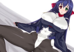 Rule 34 | 1girl, asama tomo, black gloves, blue hair, blush, bow, breasts, covered erect nipples, fingerless gloves, gloves, green eyes, hair bow, heterochromia, huge breasts, impossible clothes, kusaka souji, kyoukaisenjou no horizon, leotard, long hair, open mouth, pantyhose, purple hair, red eyes, shirt, sitting, solo, spread legs, taut clothes, taut shirt, very long hair