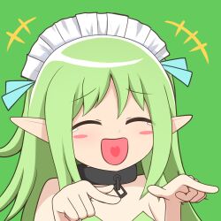 Rule 34 | +++, 1girl, black souls, blue bow, blush stickers, bow, chain, closed eyes, collar, green background, green hair, green leotard, hair bow, happy tears, laughing, leaf (black souls), leotard, long hair, maid headdress, open mouth, pointing, pointing to the side, pointy ears, sidelocks, simple background, smile, solo, tears, udododo, very long hair