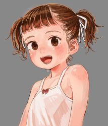 Rule 34 | 1girl, :d, bad id, bad twitter id, blush, brown eyes, brown hair, child, eikoh, female focus, grey background, highres, open mouth, original, short twintails, simple background, smile, solo, twintails, upper body
