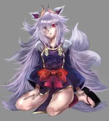 Rule 34 | 1girl, animal ears, clog sandals, dannrei3636, eyepatch, fox ears, fox tail, full body, hair over one eye, horns, japanese clothes, kitsune, kuon (shinrabanshou), kyuubi, long hair, long sleeves, looking at viewer, multiple tails, okobo, parted lips, pelvic curtain, red eyes, sandals, sash, shinrabanshou, silver hair, sitting, solo, tail, very long hair, wide sleeves