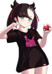 Rule 34 | 1girl, alternate costume, blush, character print, closed mouth, collarbone, commentary request, cowboy shot, creatures (company), earrings, eyelashes, game freak, gen 1 pokemon, green eyes, hands up, highres, holding, holding poke ball, jewelry, kutabireta neko, looking at viewer, marnie (pokemon), nintendo, pikachu, poke ball, poke ball (basic), pokemon, pokemon swsh, shirt, short sleeves, simple background, solo, t-shirt, twintails, white background