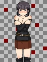 Rule 34 | 00s, 1girl, bare shoulders, black hair, blunt bangs, blush, bob cut, boots, breasts, checkered background, cleavage, embarrassed, fullmetal alchemist, knee boots, large breasts, lowres, lyra (fma), miniskirt, purple eyes, short hair, skirt, solo, tears