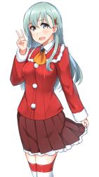 Rule 34 | 10s, 1girl, :d, adapted costume, aqua eyes, aqua hair, ascot, batsu, blazer, christmas, collared shirt, fur trim, hair ornament, holly, jacket, kantai collection, long hair, long sleeves, looking at viewer, mistletoe, open mouth, pleated skirt, school uniform, serafuku, shirt, skirt, skirt hold, smile, solo, striped clothes, striped thighhighs, suzuya (kancolle), thighhighs, v, white background