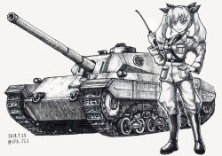 Rule 34 | 1girl, anchovy (girls und panzer), anzio (emblem), anzio military uniform, belt, boots, carro armato p43, commentary request, dated, dress shirt, drill hair, emblem, girls und panzer, grin, hair ribbon, hand on own hip, holding, holding riding crop, jacket, knee boots, long hair, long sleeves, looking to the side, military, military uniform, military vehicle, motor vehicle, necktie, nspa (spa-jcs), pants, pants tucked in, partial commentary, ribbon, riding crop, sam browne belt, shirt, smile, solo, standing, tank, traditional media, twin drills, twintails, twitter username, uniform, wing collar