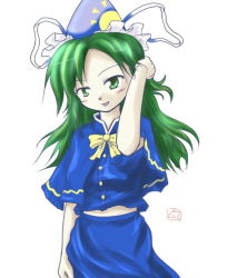 Rule 34 | 1girl, arm behind head, blue jacket, blue skirt, female focus, green eyes, green hair, hat, jacket, lowres, matching hair/eyes, messy hair, mima (touhou), mystic square, ribbon, skirt, solo, touhou, touhou (pc-98), wizard hat