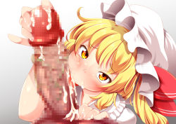 Rule 34 | 1boy, 1girl, absurdres, blonde hair, blush, censored, cum, fellatio, flandre scarlet, glansjob, hat, hetero, highres, huge penis, licking, licking penis, looking at viewer, mikagami chiharu, mob cap, mosaic censoring, one side up, oral, penis, simple background, solo focus, tongue, touhou, white background, white headwear