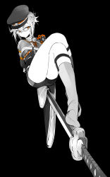 Rule 34 | 10s, 1boy, alternate eye color, armor, bound, cape, full body, greyscale, hat, highres, hotarumaru, japanese armor, kneehighs, legwear garter, male focus, monochrome, no shoes, ootachi, personification, red eyes, shorts, shoulder armor, socks, sode, solo, spot color, sword, tied up (nonsexual), touken ranbu, weapon, zmore