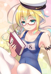 Rule 34 | 10s, 1girl, aqua eyes, armlet, blonde hair, book, gears, glasses, hat, i-8 (kancolle), kantai collection, long hair, looking at viewer, low twintails, one-piece swimsuit, paint musume, personification, red-framed eyewear, school swimsuit, smile, solo, swimsuit, thighhighs, twintails, white thighhighs