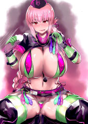 Rule 34 | 1boy, 1girl, belt, bikini, braid, breasts, censored, cleavage, closed mouth, commentary request, condom, condom belt, covered erect nipples, elbow gloves, fate/grand order, fate (series), female pubic hair, florence nightingale (fate), florence nightingale (trick or treatment) (fate), garter straps, gloved handjob, gloves, green bikini, green thighhighs, handjob, hat, hetero, highres, id card, large breasts, legs together, licking lips, lips, long hair, looking at viewer, multicolored bikini, multicolored clothes, multiple condoms, name tag, navel, nurse cap, official alternate costume, penis, pink hair, pubic hair, purple eyes, revealing clothes, saliva, see-through, shiny clothes, shiny skin, short sleeves, shrug (clothing), side-tie bikini bottom, skirt, solo focus, spread legs, squatting, stethoscope, sweat, swimsuit, thighhighs, tongue, tongue out, used condom, yukimaro yukkii