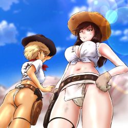 Rule 34 | absurdres, adjusting clothes, adjusting headwear, ass, belle (girls und panzer), belt, black belt, black hair, black headwear, blonde hair, blue sky, blurry, blurry background, breasts, brown belt, brown headwear, closed mouth, cloud, cloudy sky, commentary request, cowboy hat, day, depth of field, from behind, front-tie top, frown, fundoshi, girls und panzer, glaring, gloves, green eyes, grey gloves, gun, hand on own hip, handgun, hat, highres, hiyama yuu (wee259hiyama), holster, holstered, jane (girls und panzer), japanese clothes, lens flare, long hair, looking at viewer, looking back, looking down, medium breasts, navel, outdoors, partial commentary, purple eyes, revolver, shirt, short hair, sky, sleeveless, sleeveless shirt, sleeves rolled up, smile, standing, weapon, white shirt